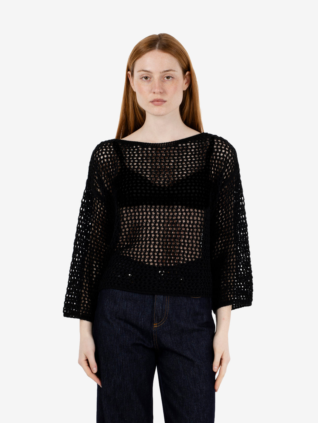 BLACK PERFORATED BOAT SWEATER 456422_999