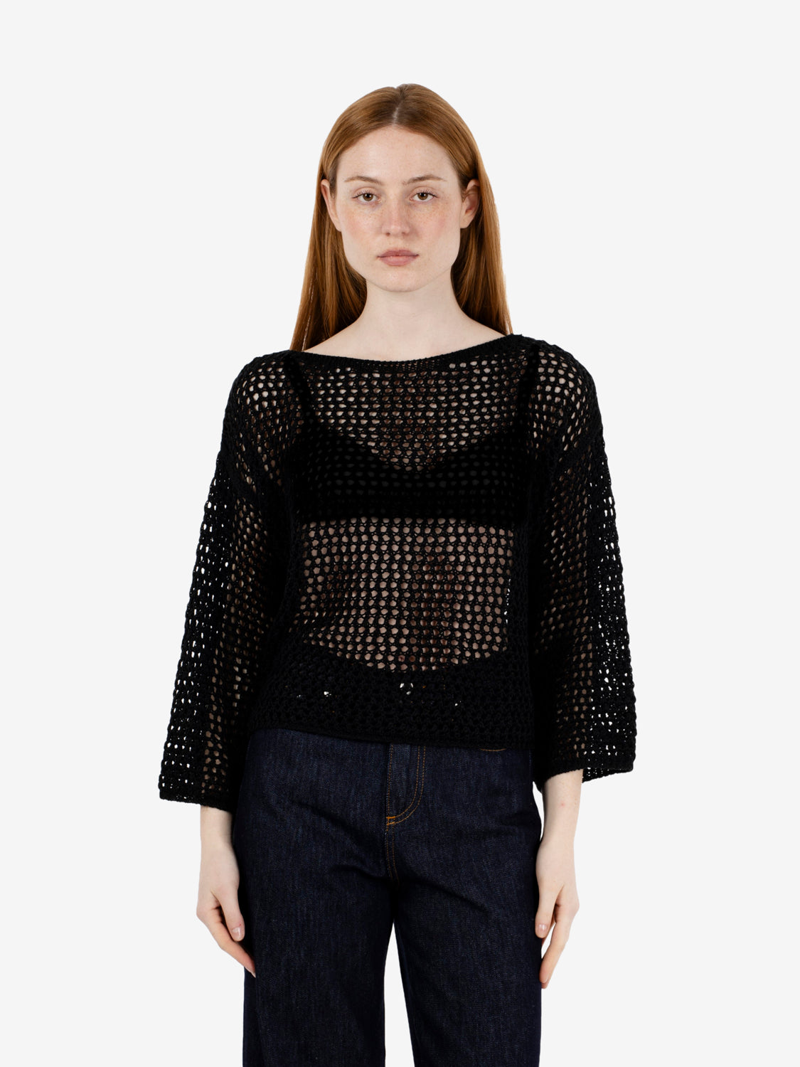 BLACK PERFORATED BOAT SWEATER 456422_999