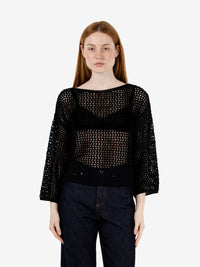 BLACK PERFORATED BOAT SWEATER 456422_999