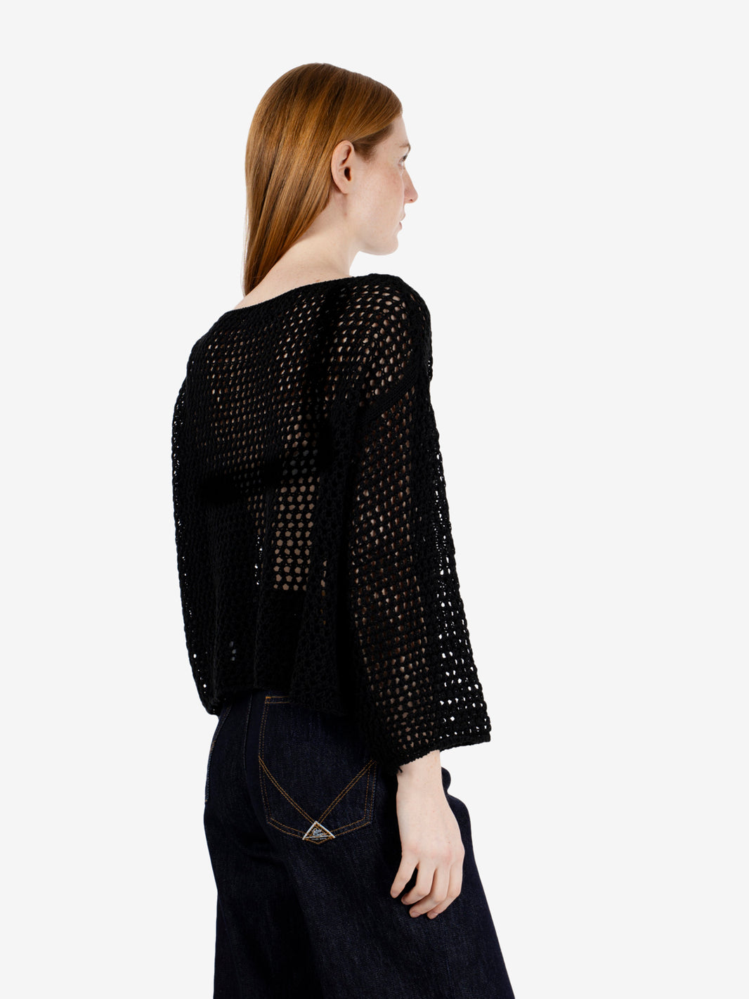 BLACK PERFORATED BOAT SWEATER 456422_999