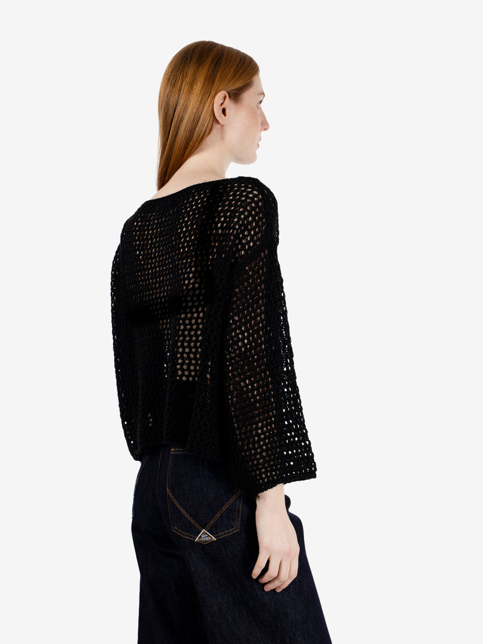 BLACK PERFORATED BOAT SWEATER 456422_999