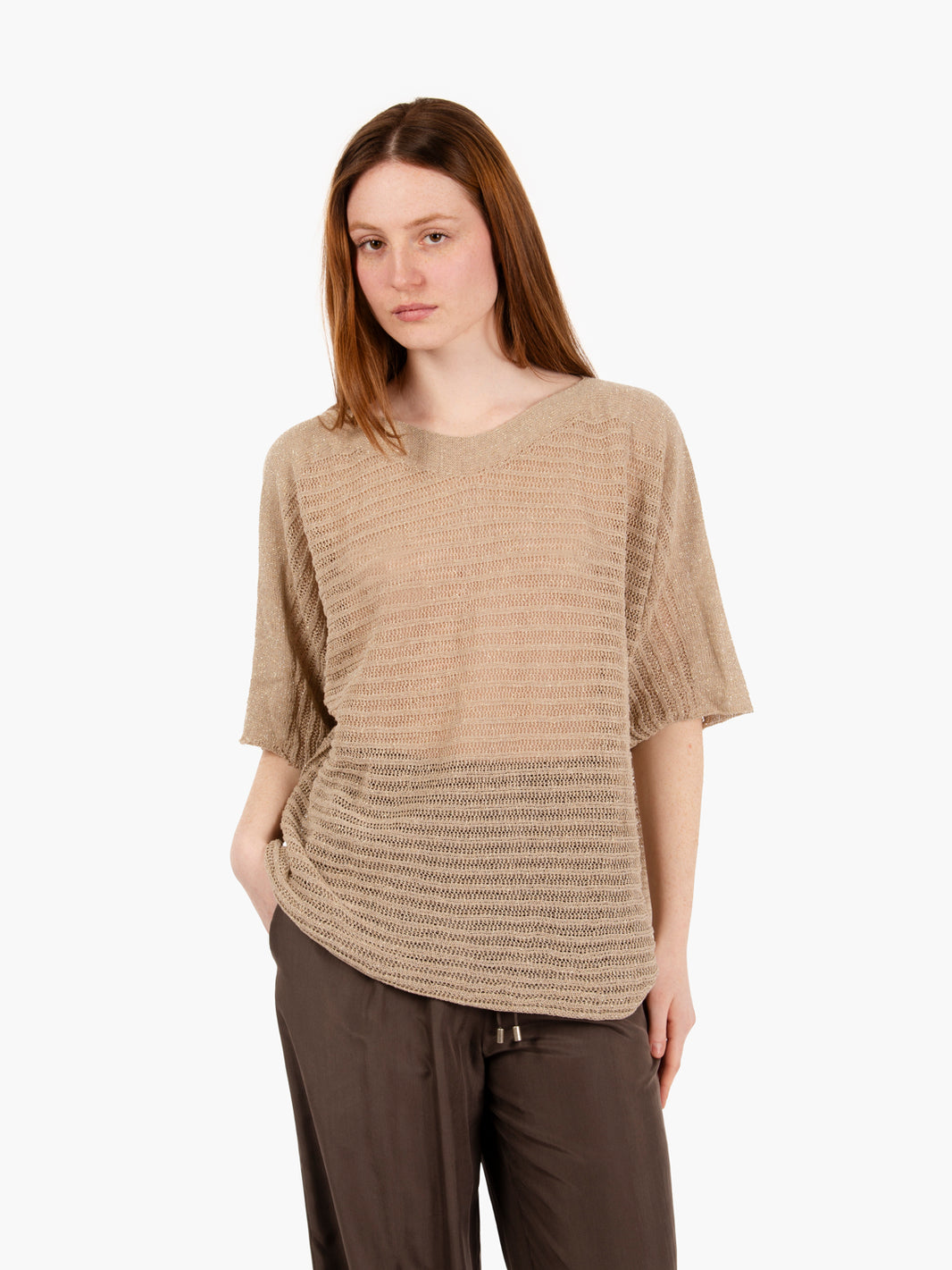 Maglia trama larga lurex beige