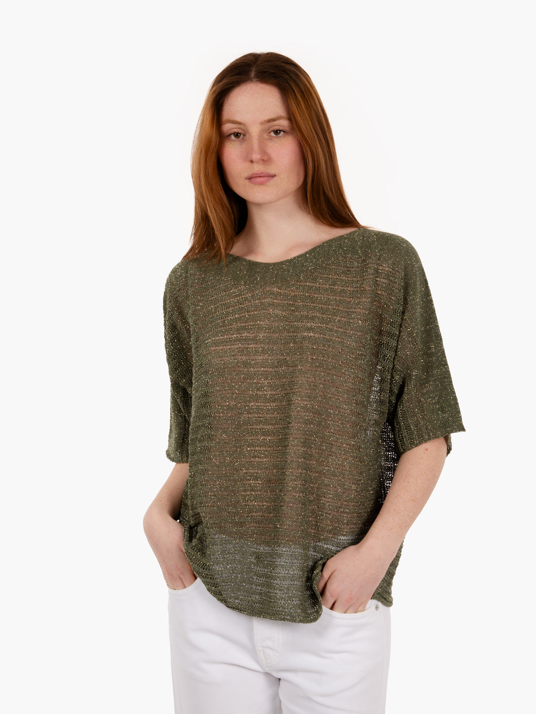 Maglia trama larga lurex verde militare