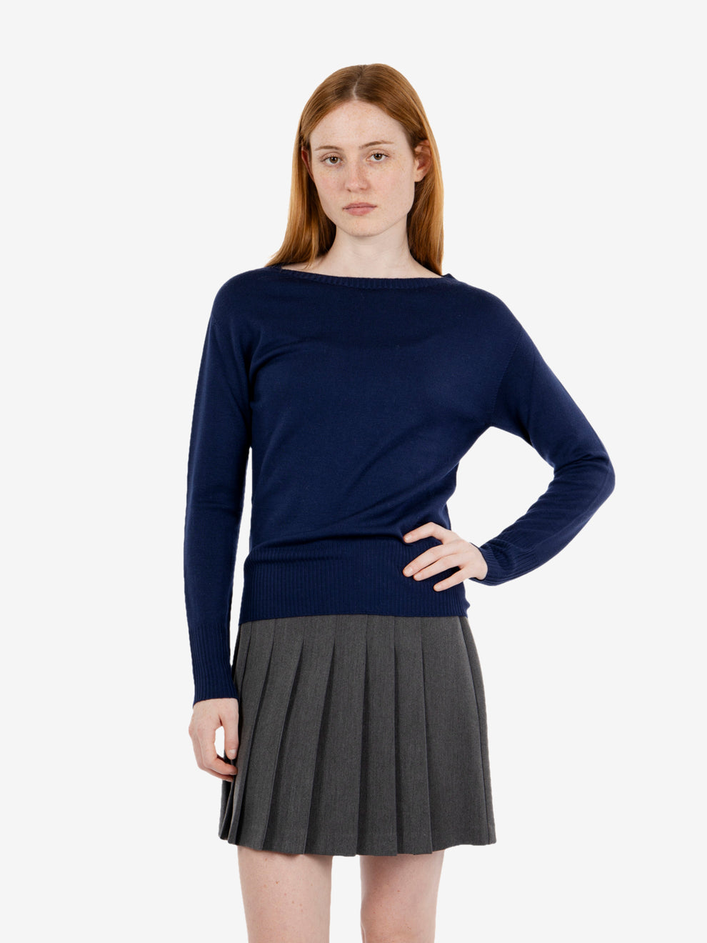 Navy blue crew-neck sweater