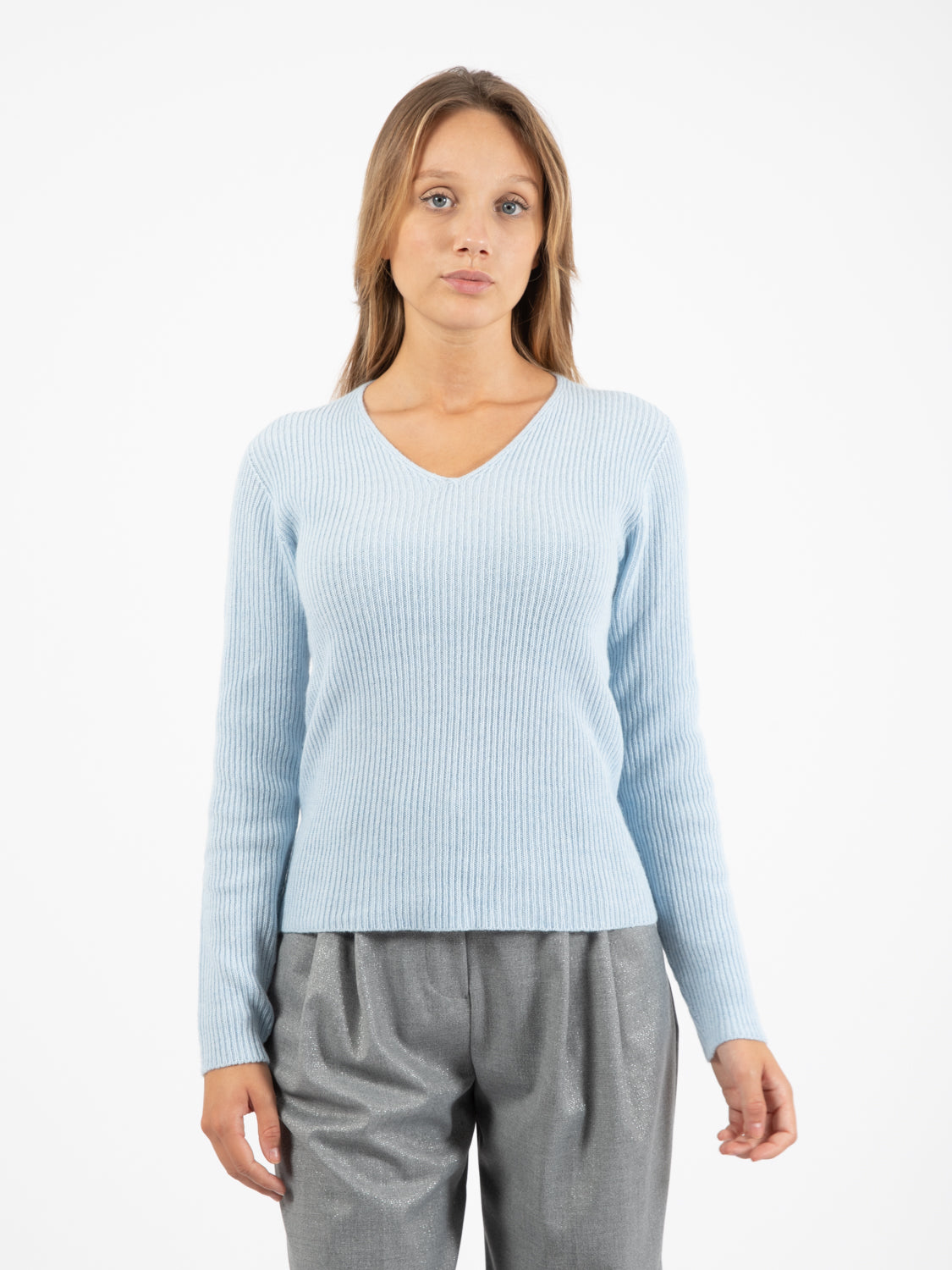 Blue V-Neck Ribbed Sweater