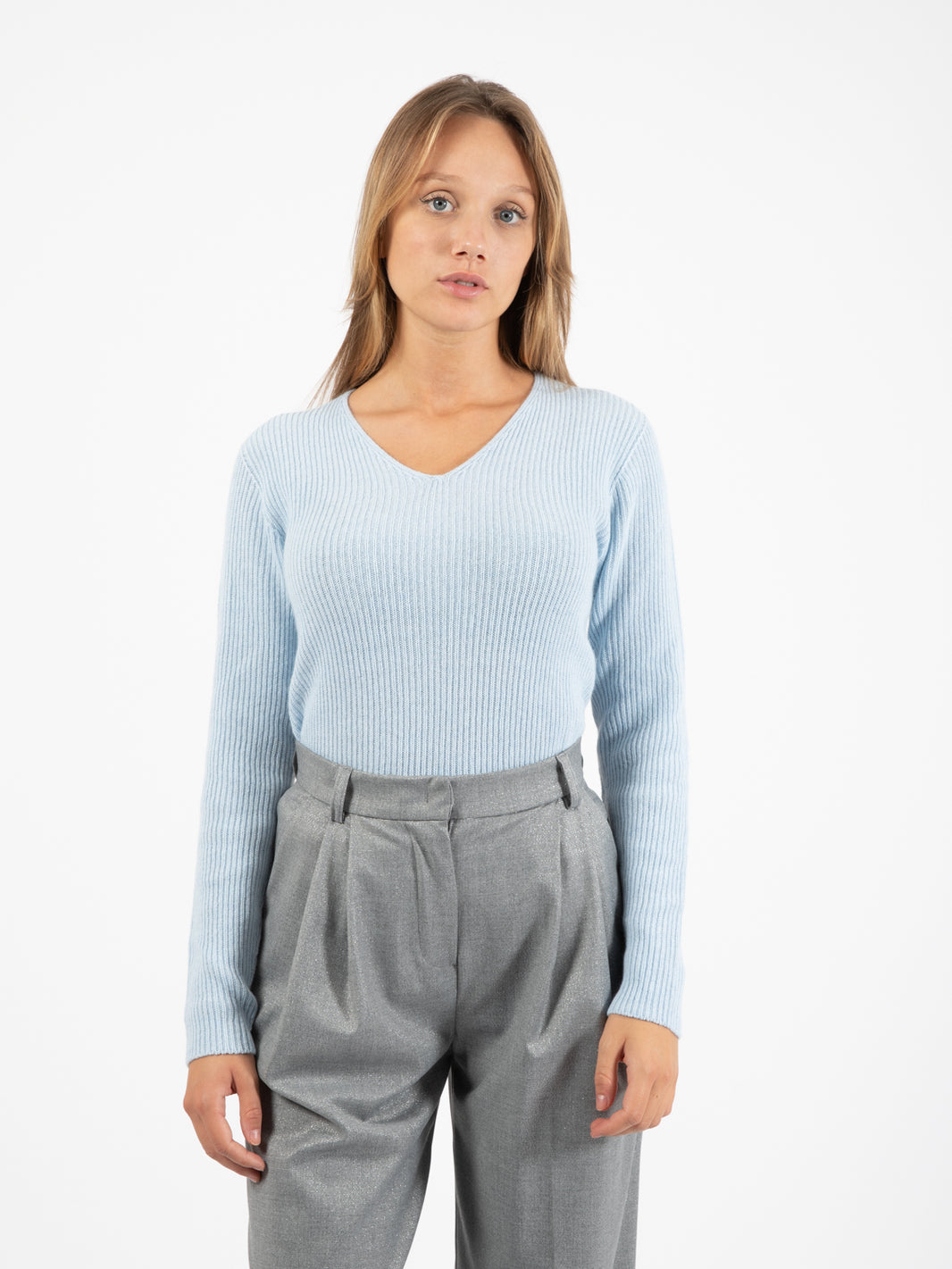 Blue V-Neck Ribbed Sweater