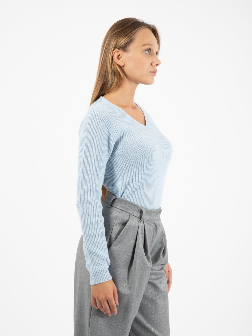 Blue V-Neck Ribbed Sweater