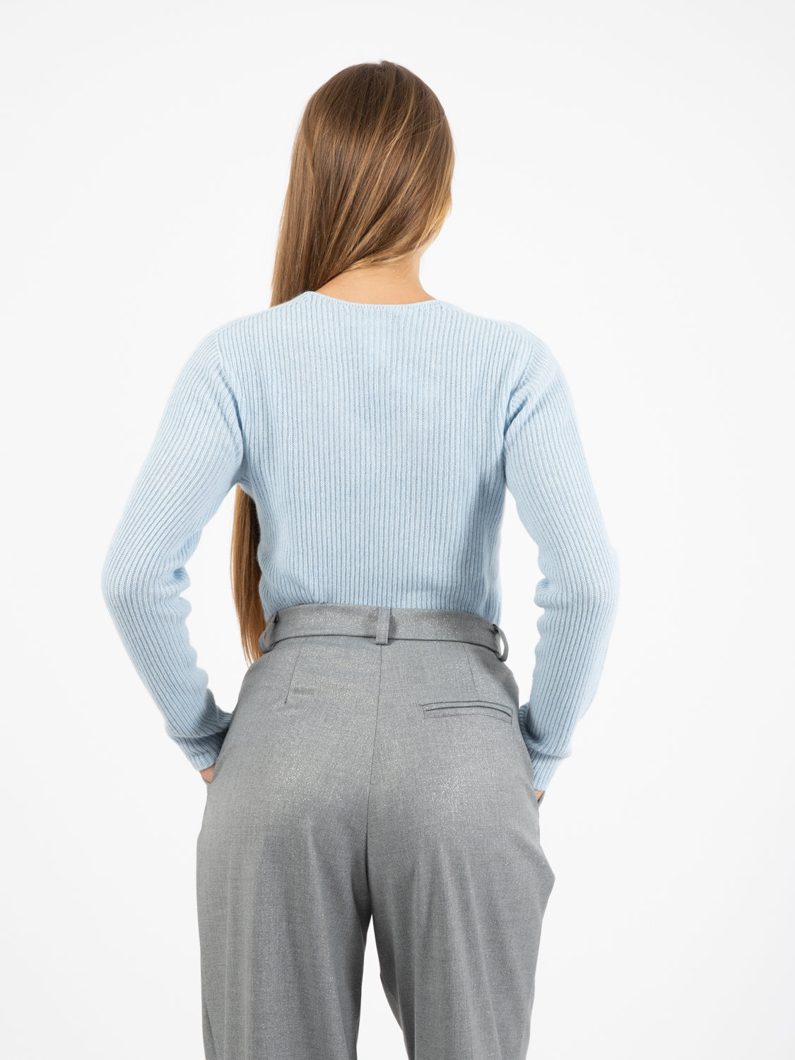 Blue V-Neck Ribbed Sweater