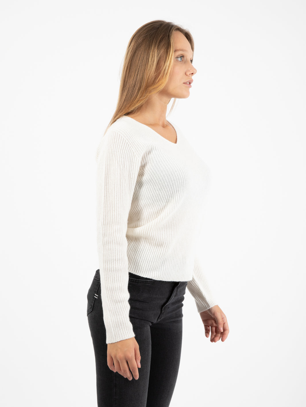 White V-Neck Ribbed Sweater