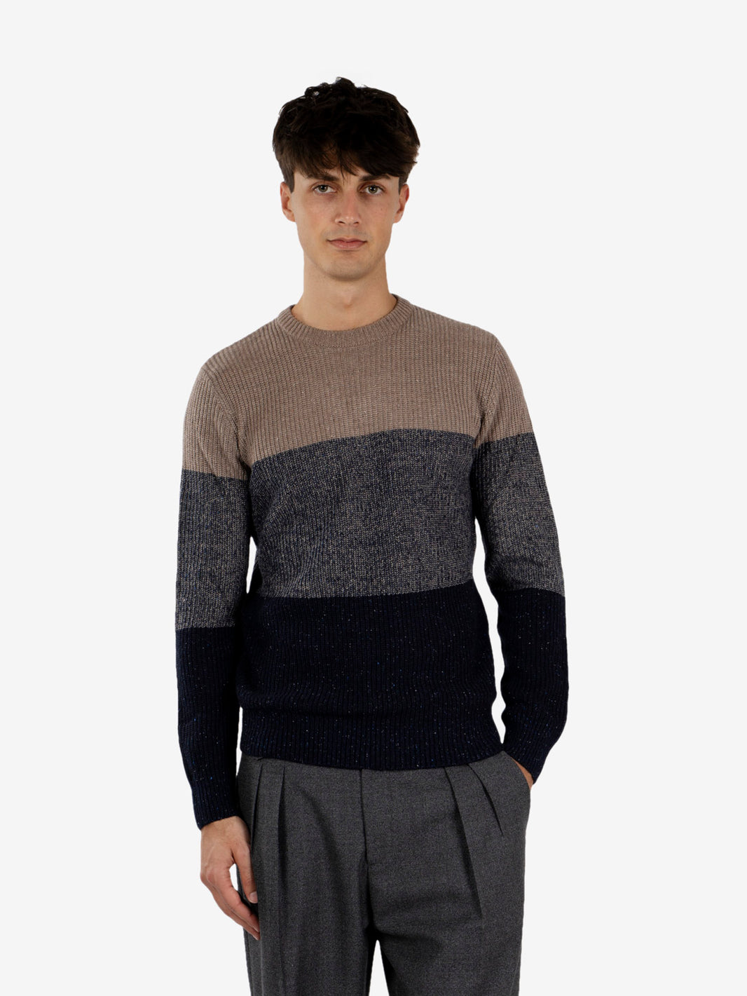 Maglione girocollo a fasce blu / marrone