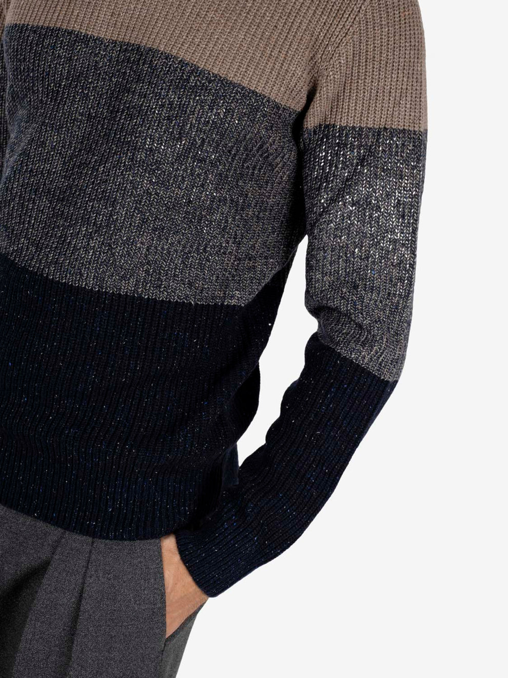 Maglione girocollo a fasce blu / marrone