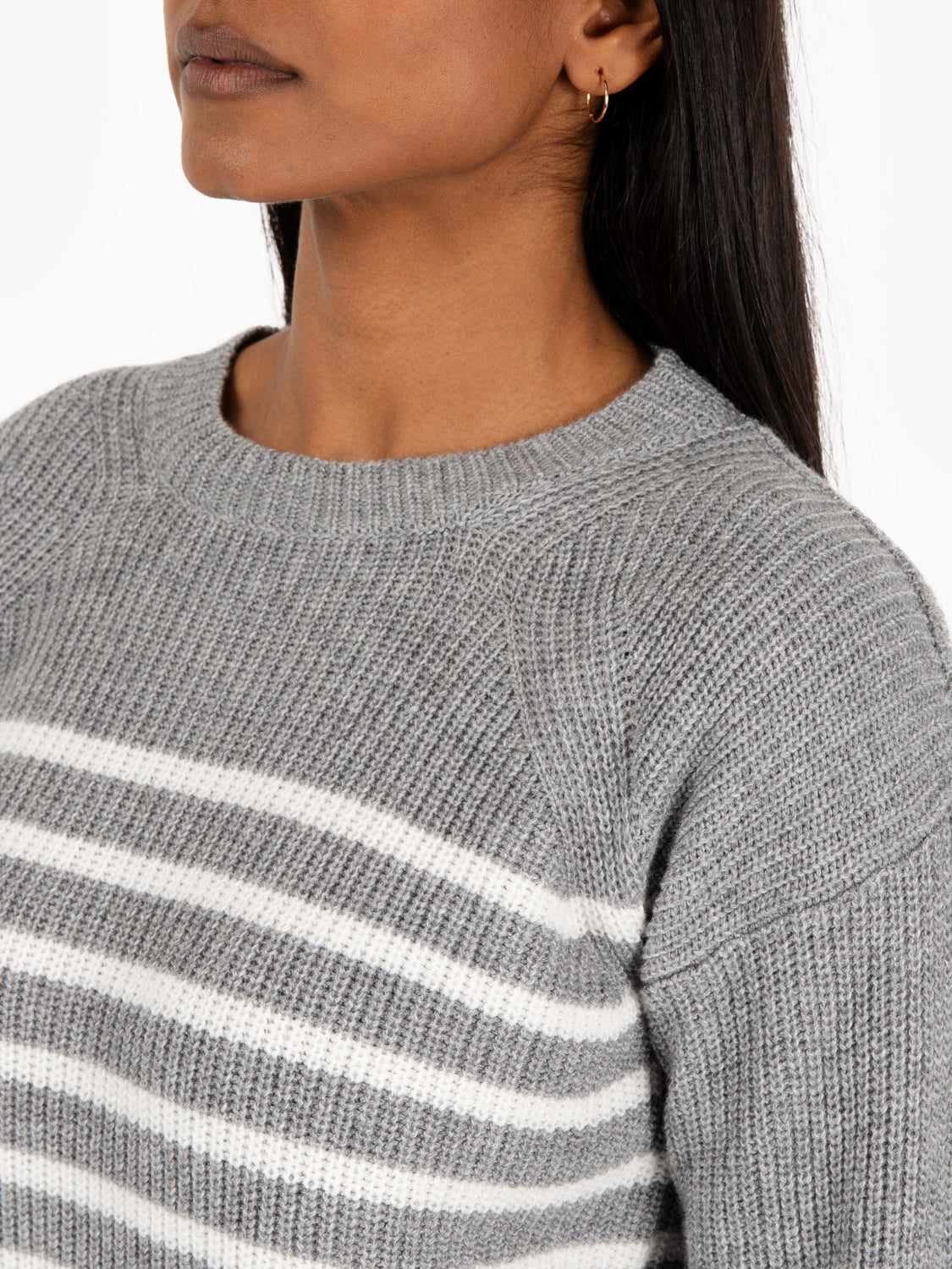 Grey/white striped crew neck sweater