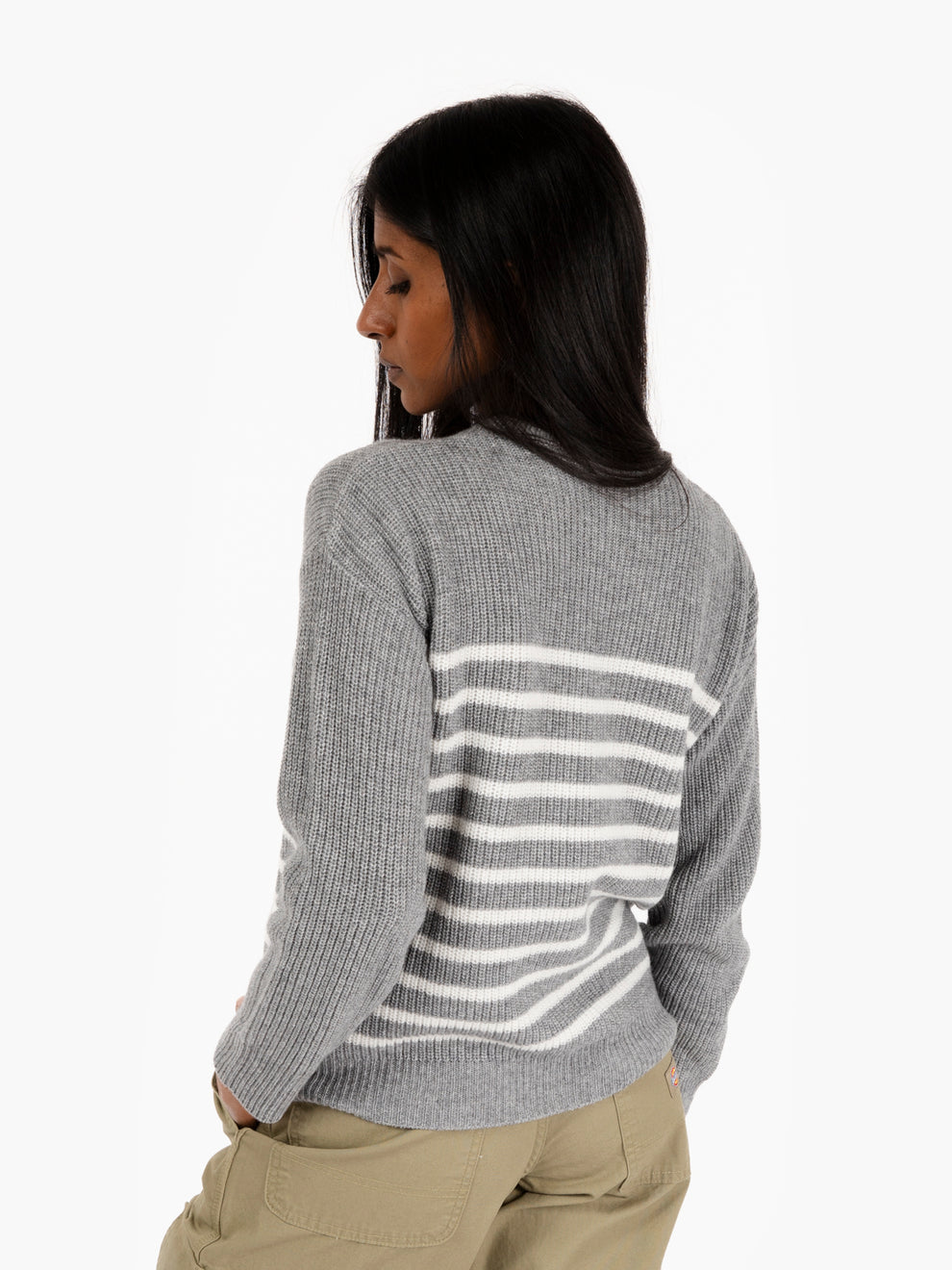 Grey/white striped crew neck sweater
