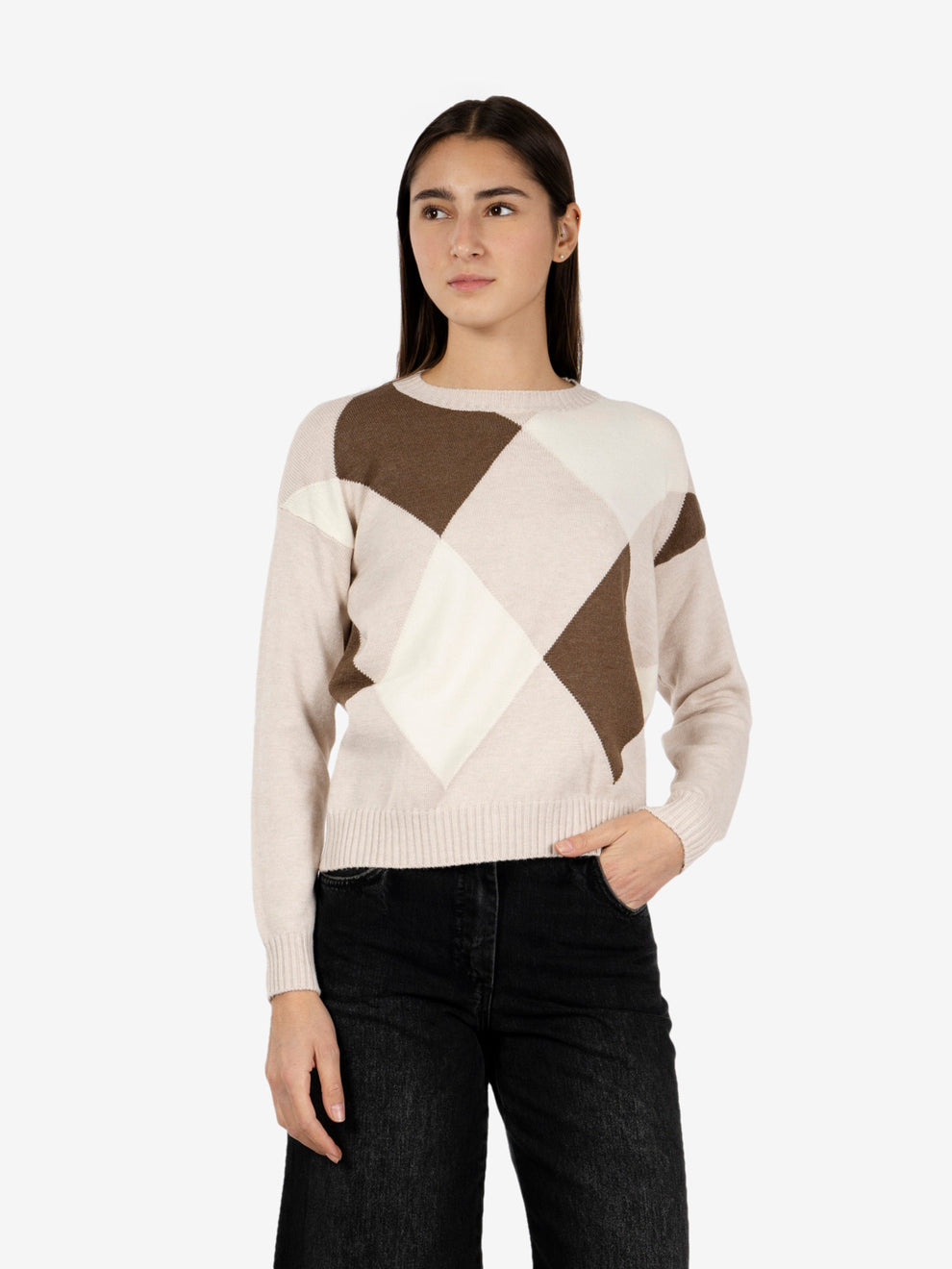 Beige diamond-pattern crew-neck sweater