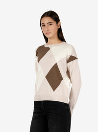 Maglione girocollo a rombi beige