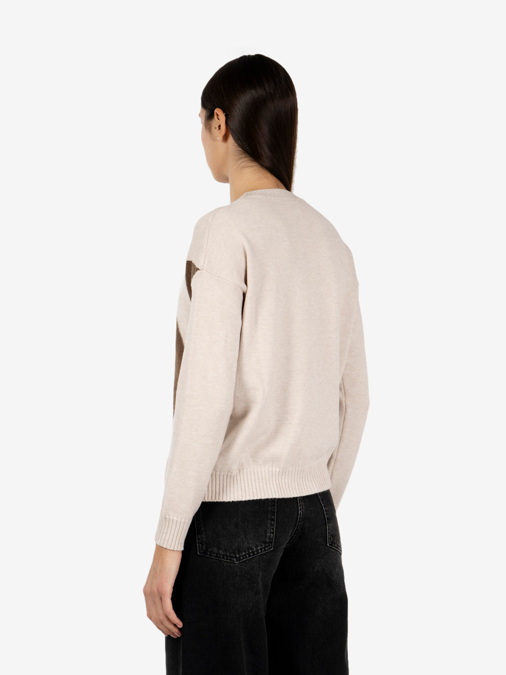 Beige diamond-pattern crew-neck sweater