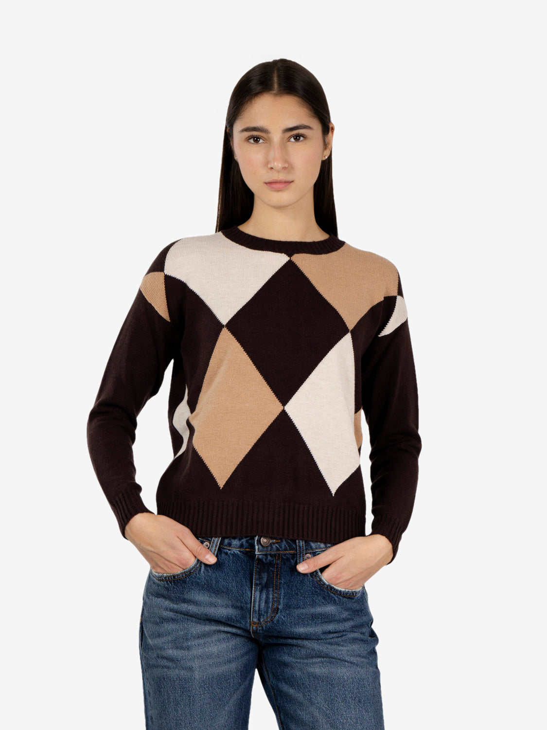 Maglione girocollo a rombi moro