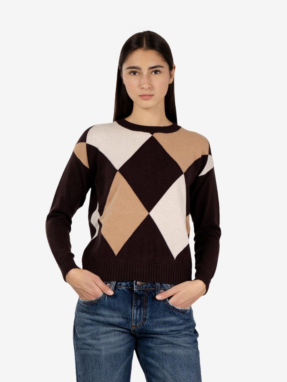 Maglione girocollo a rombi moro
