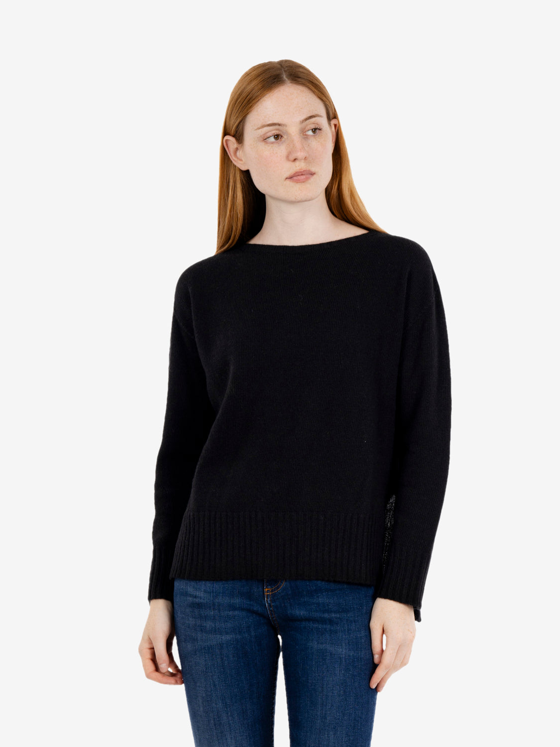 Black crew-neck jumper with side slits