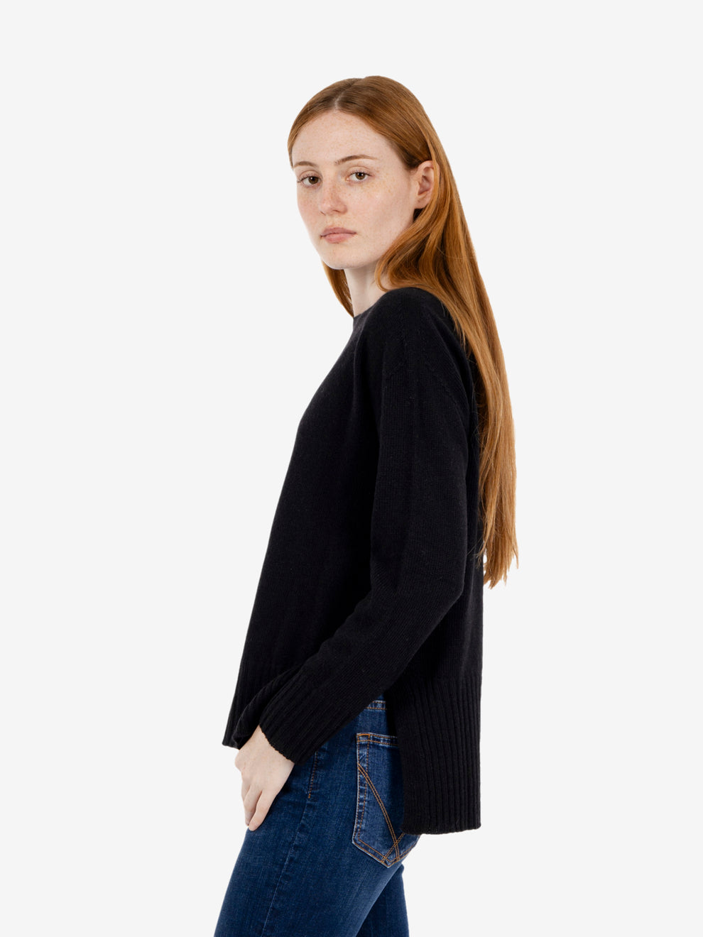 Black crew-neck jumper with side slits