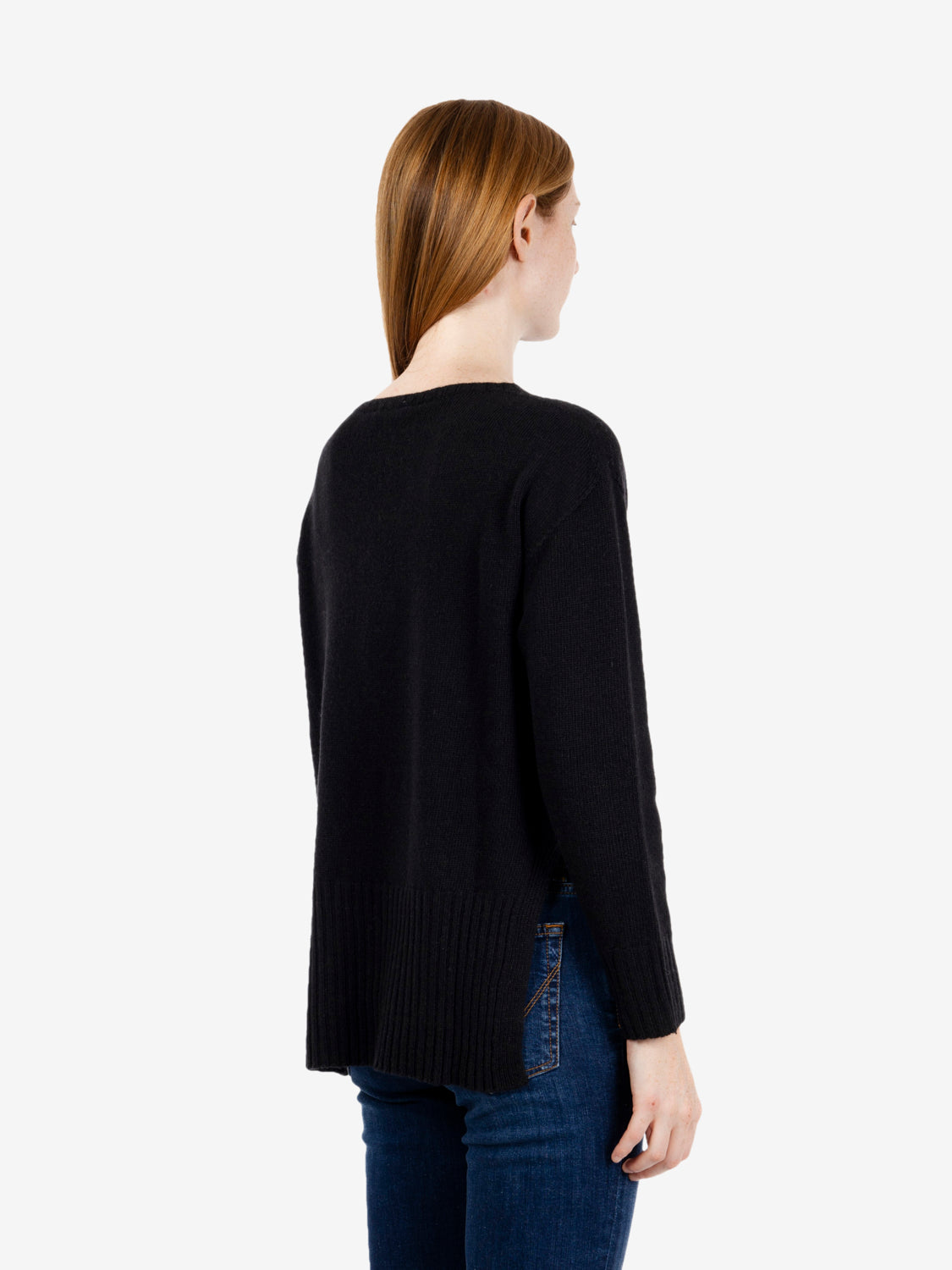 Black crew-neck jumper with side slits