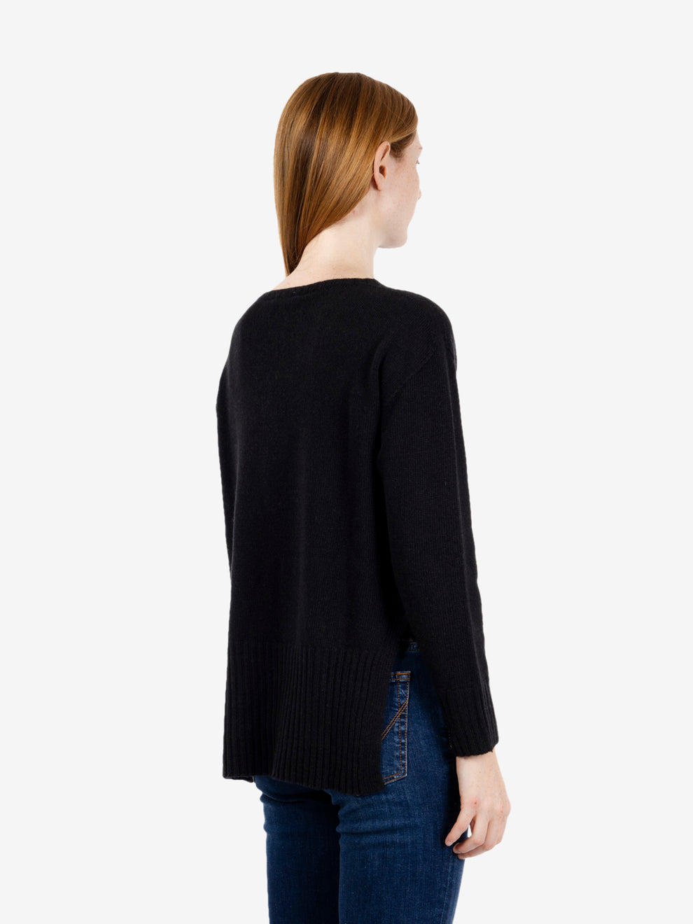 Black crew-neck jumper with side slits