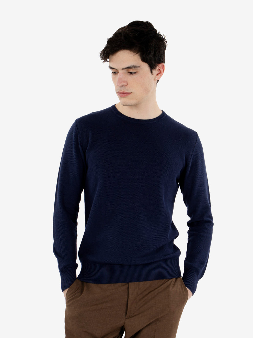 Blue rice-grain crew-neck sweater
