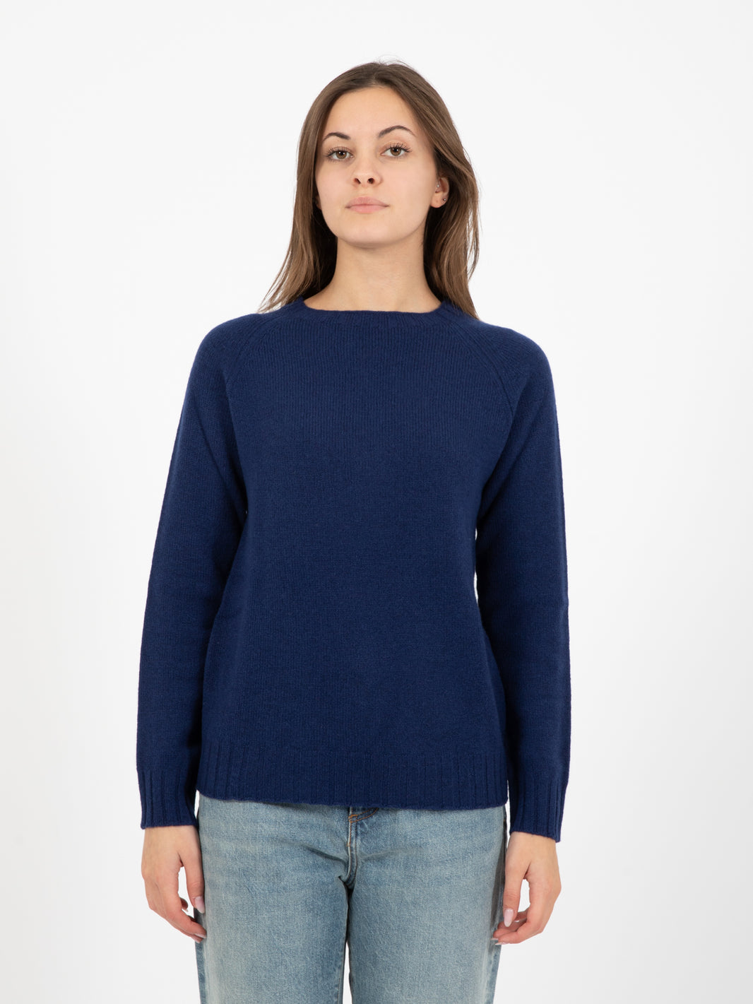 Blue crew neck wool and cashmere sweater