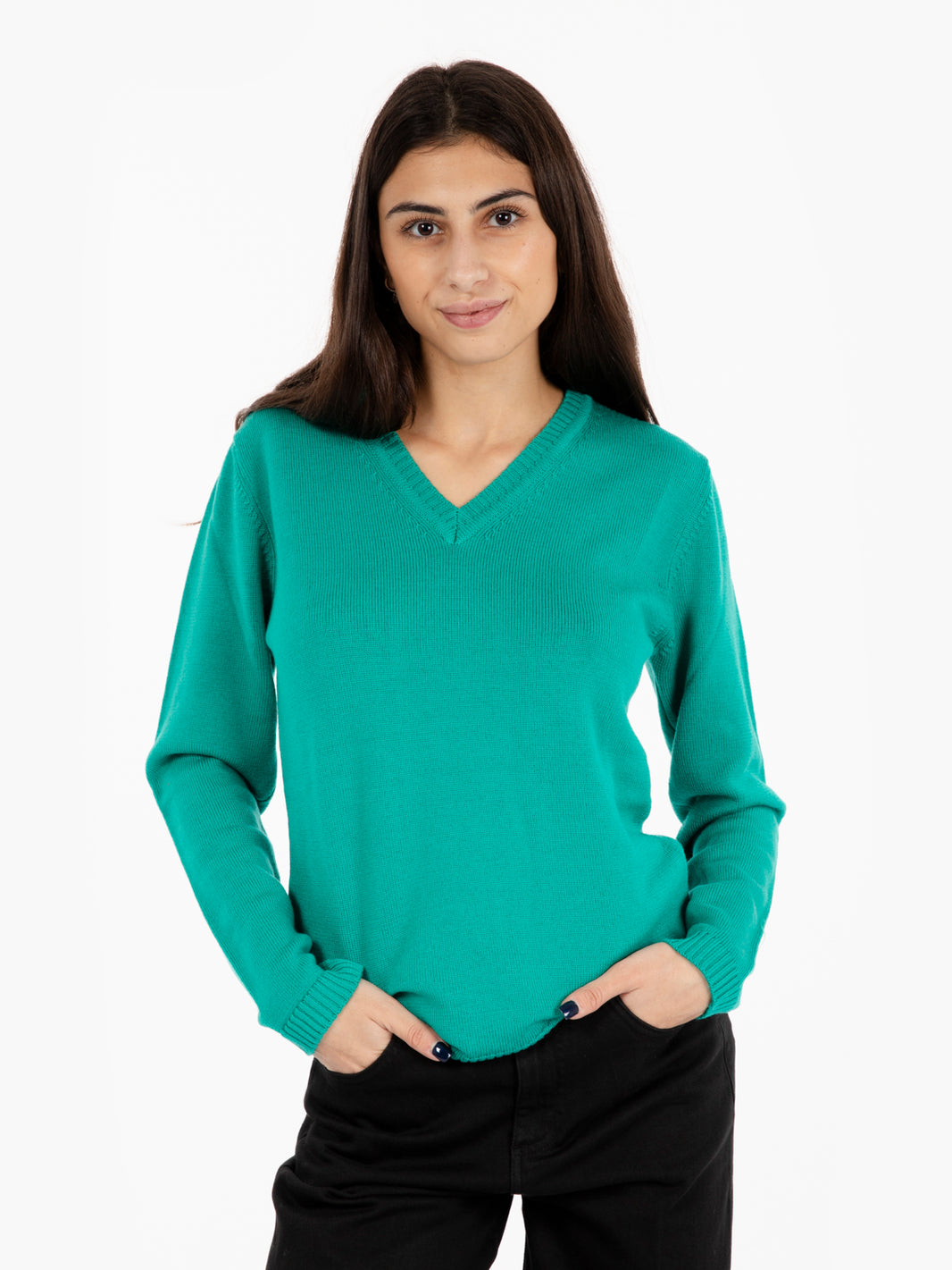 Green V-neck wool sweater