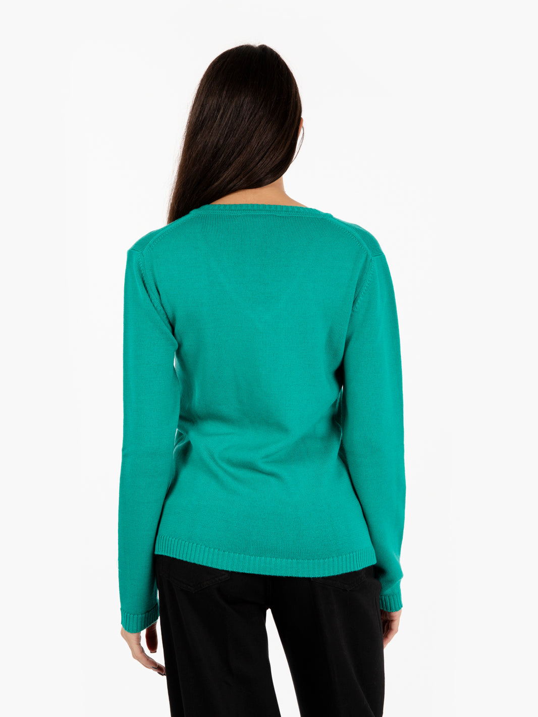 Green V-neck wool sweater
