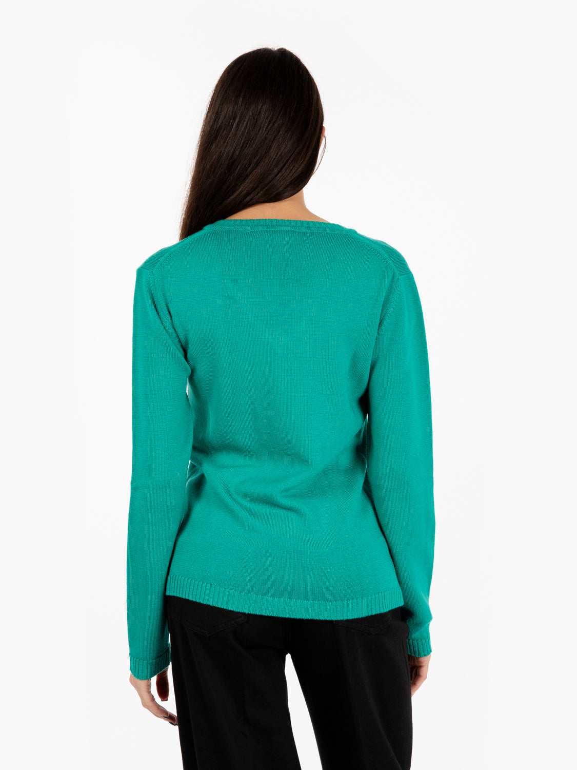 Green V-neck wool sweater