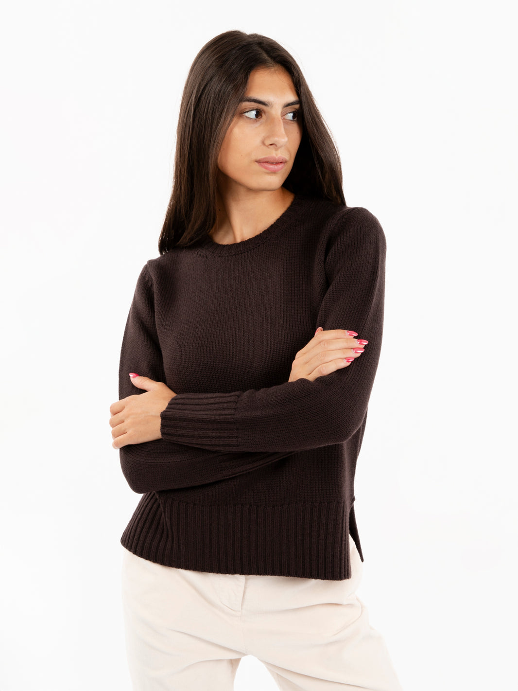 Dark brown round neck wool sweater