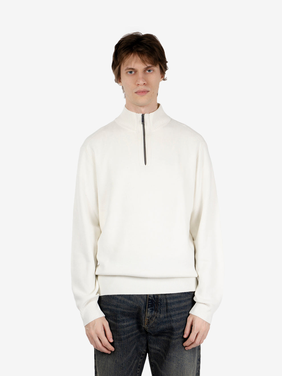 Ecru half-zip mock neck sweater