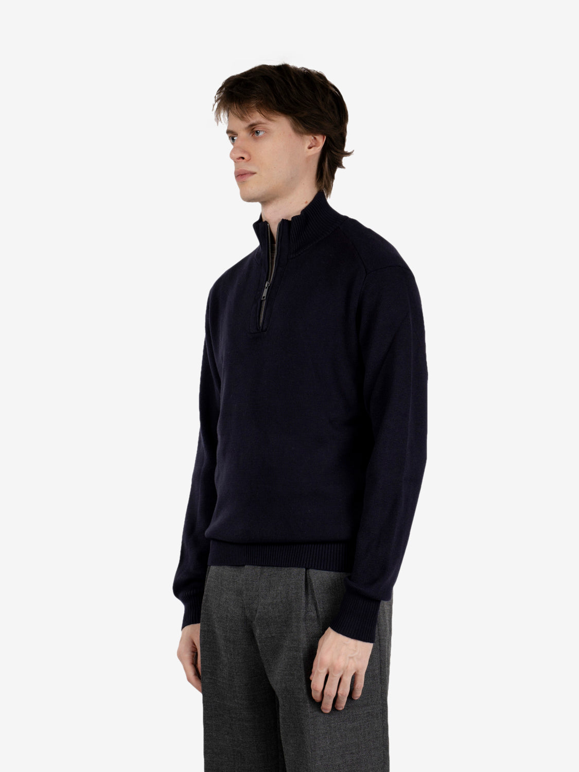 Navy half-zip mock neck sweater