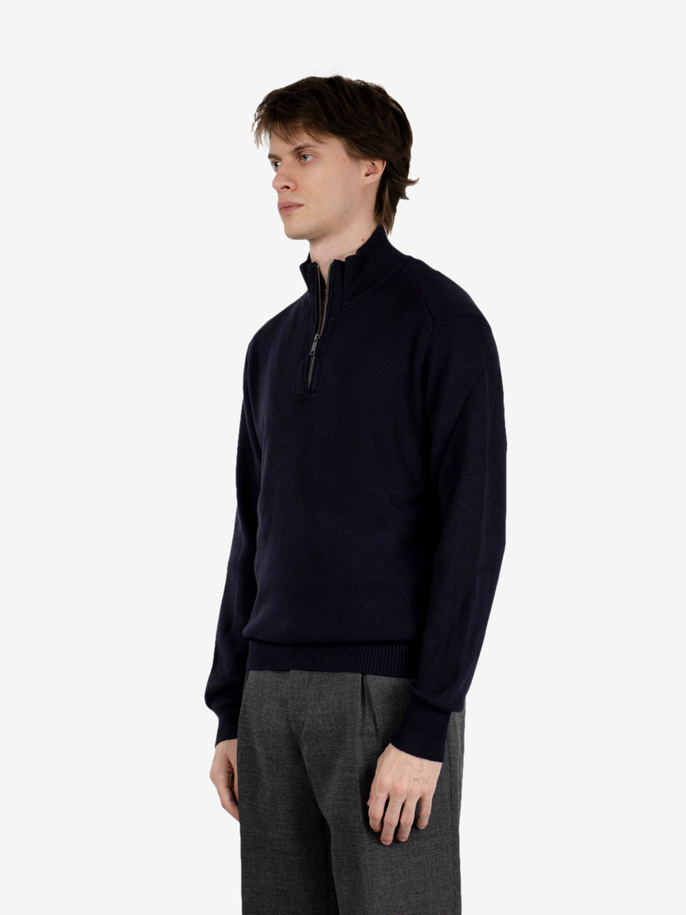 Navy half-zip mock neck sweater