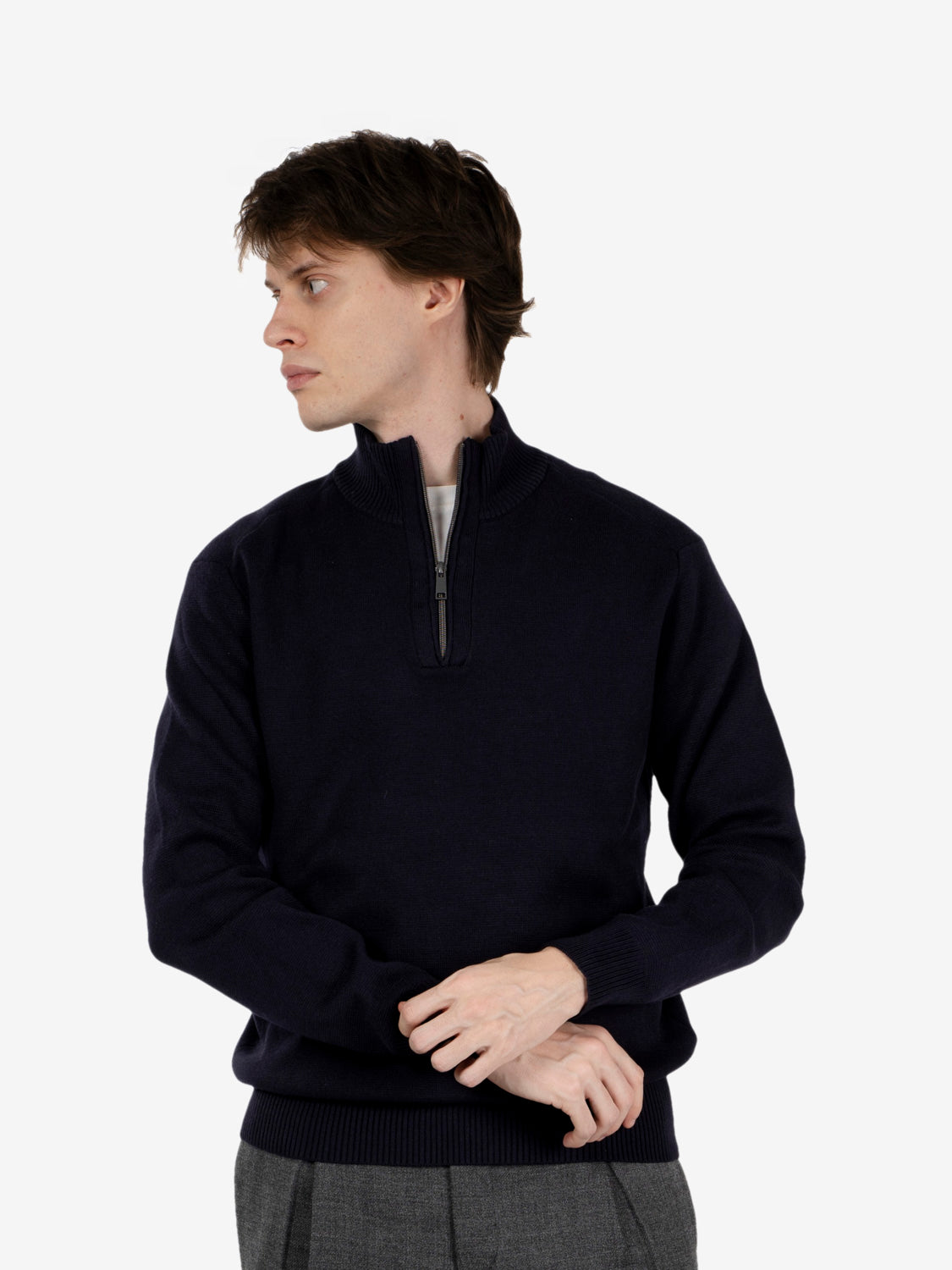 Navy half-zip mock neck sweater