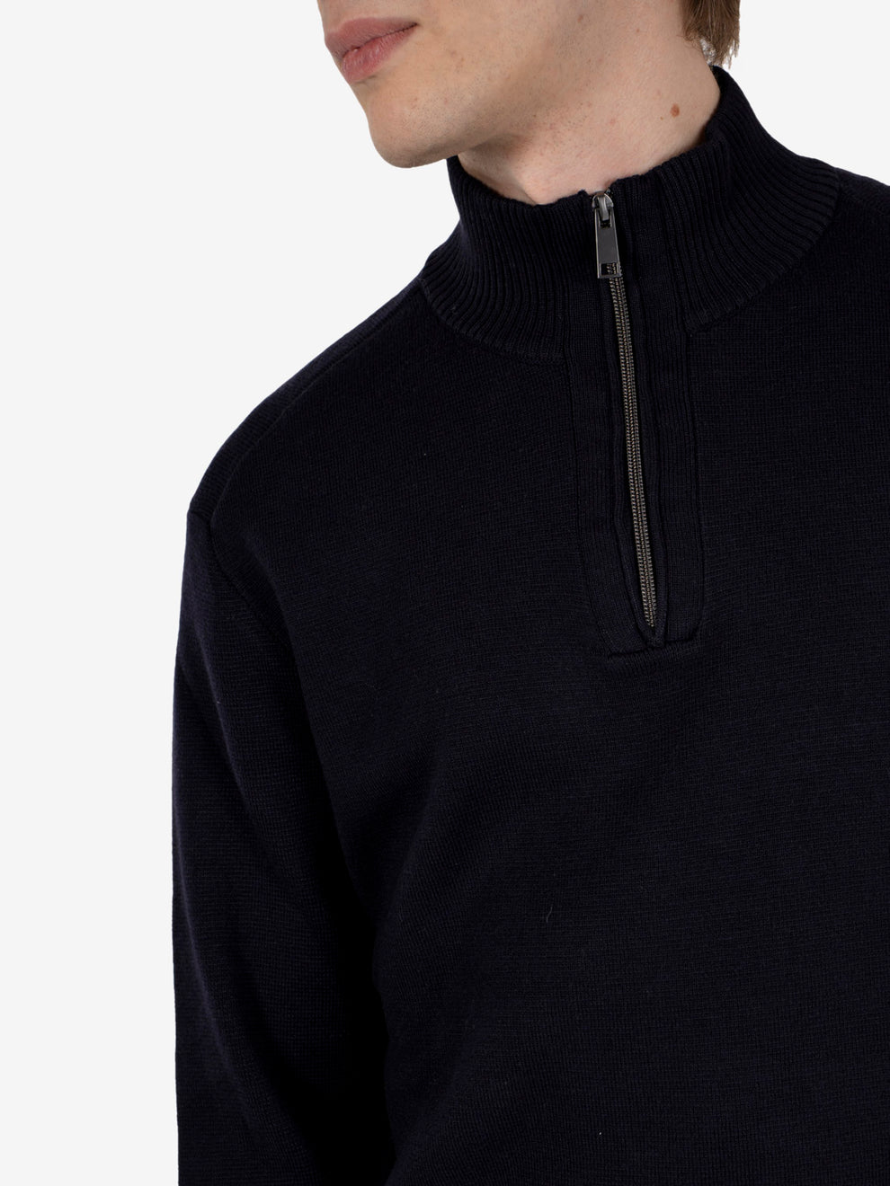 Navy half-zip mock neck sweater