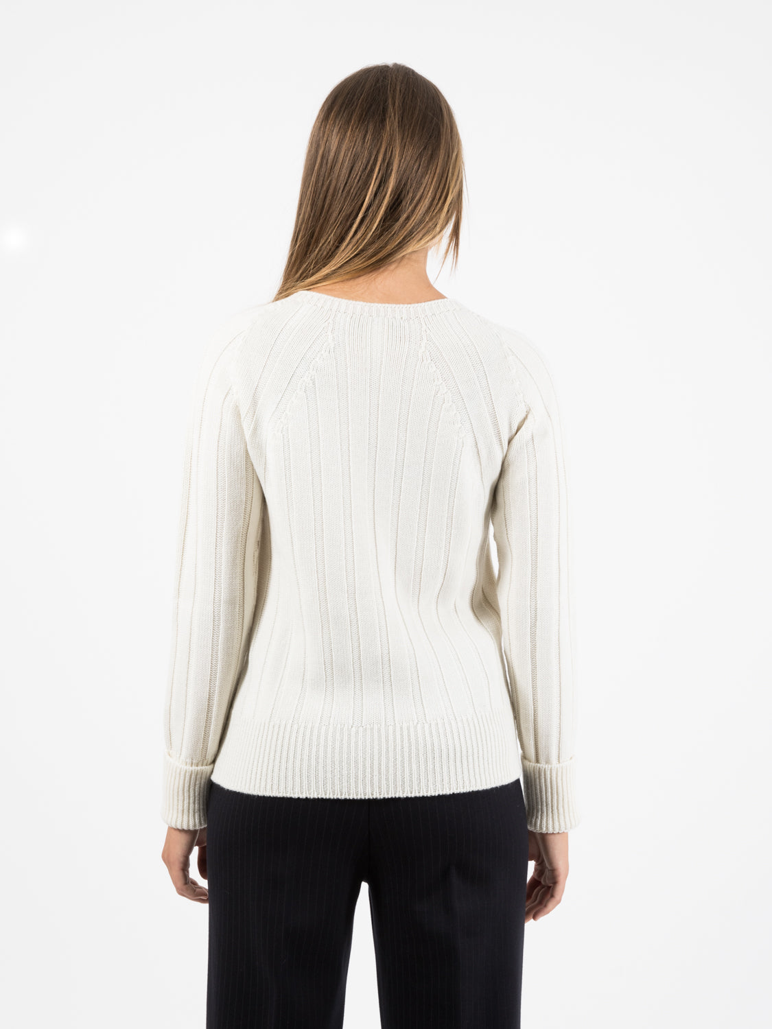Maglione scollo rotondo coste larghe ecrù
