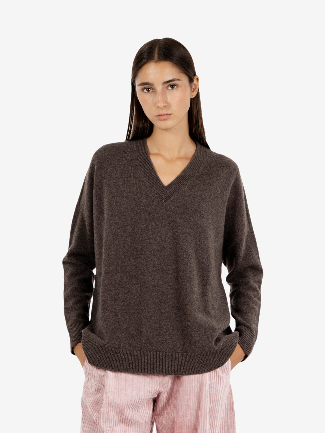 Maglione scollo V cashmere cacao