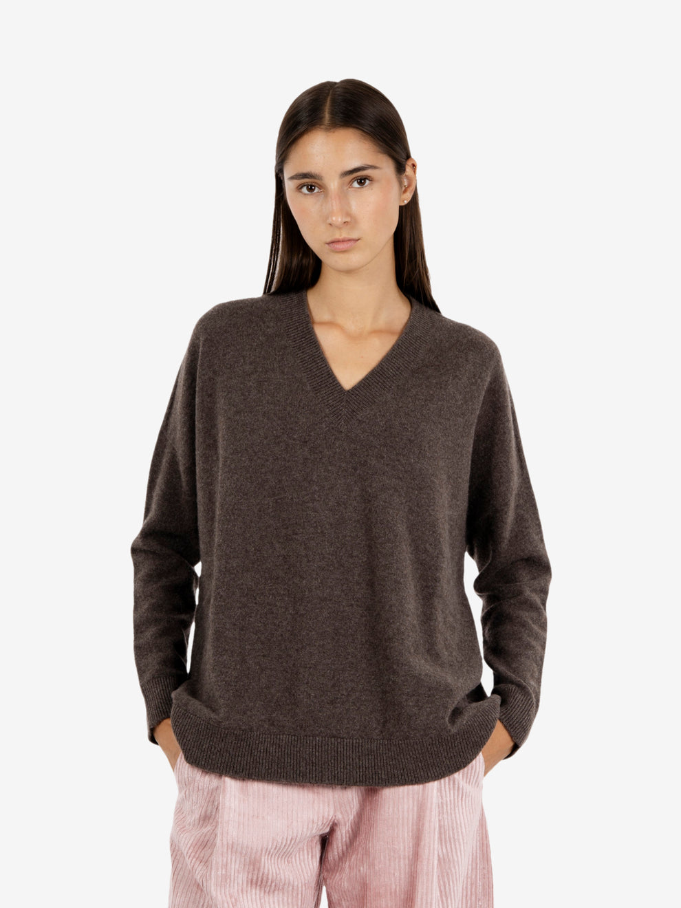 Maglione scollo V cashmere cacao