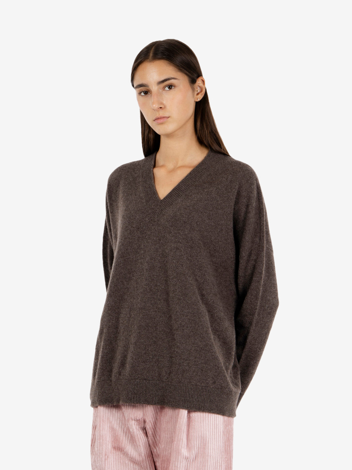Maglione scollo V cashmere cacao