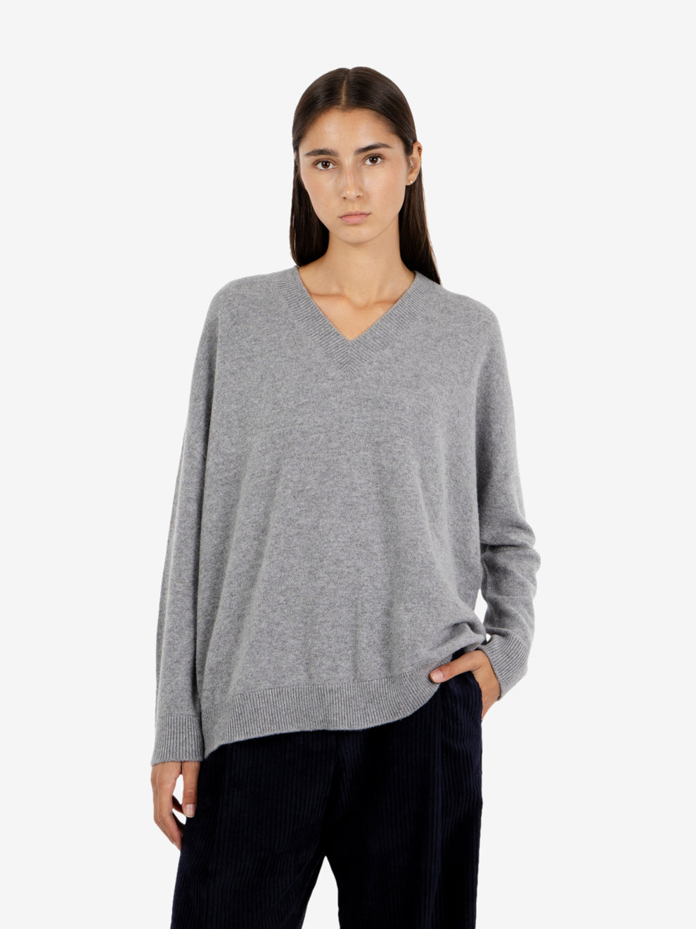Maglione scollo V cashmere grigio melange