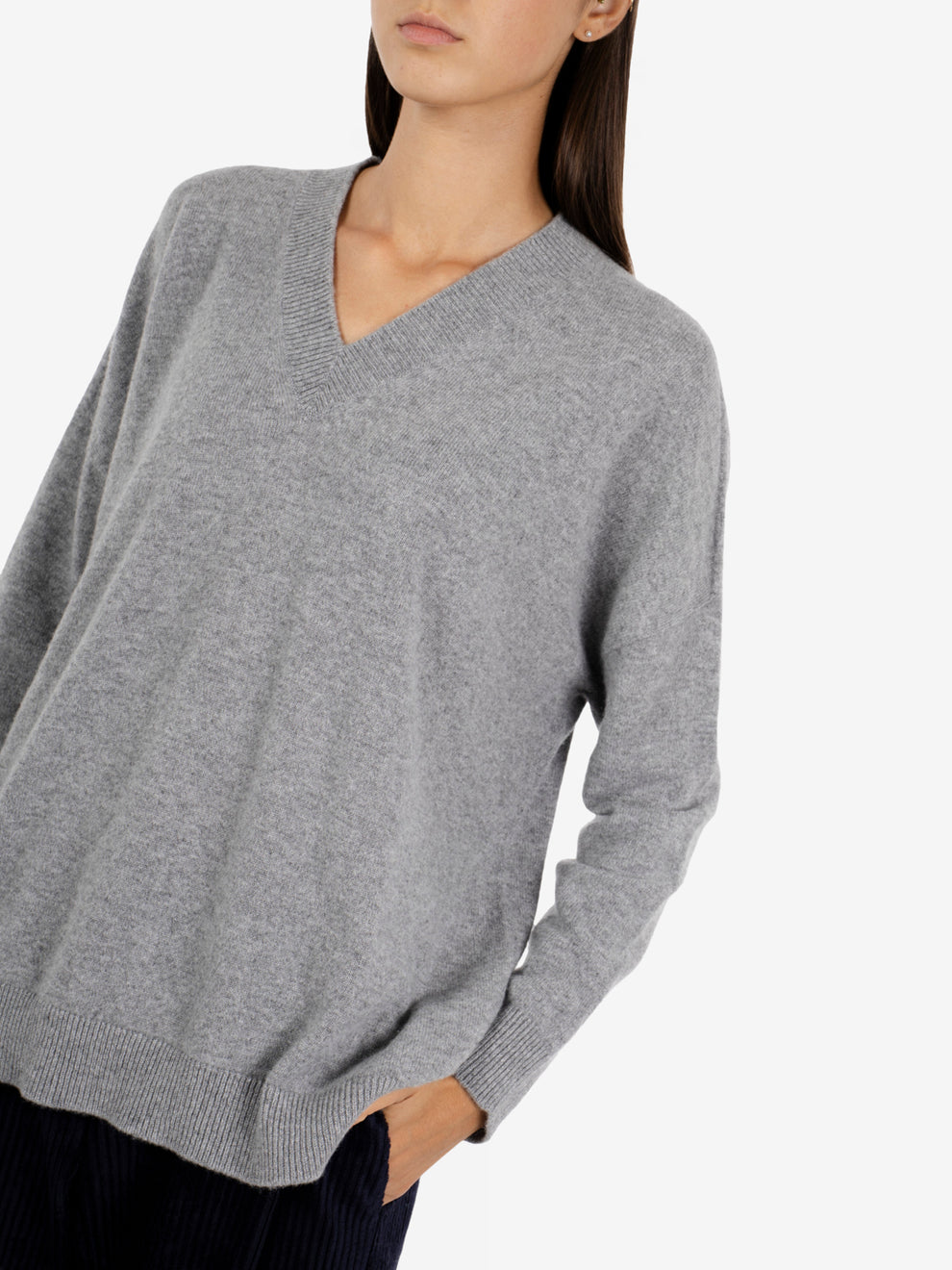 Maglione scollo V cashmere grigio melange