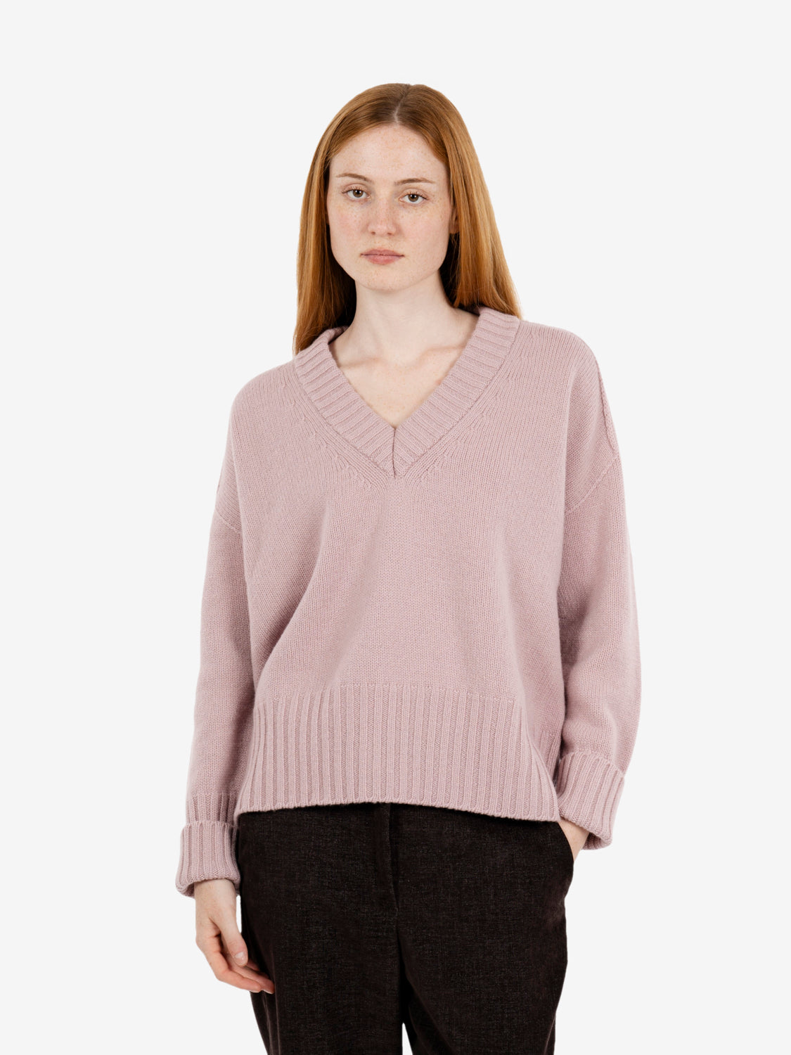 Maglione scollo V rosa antico