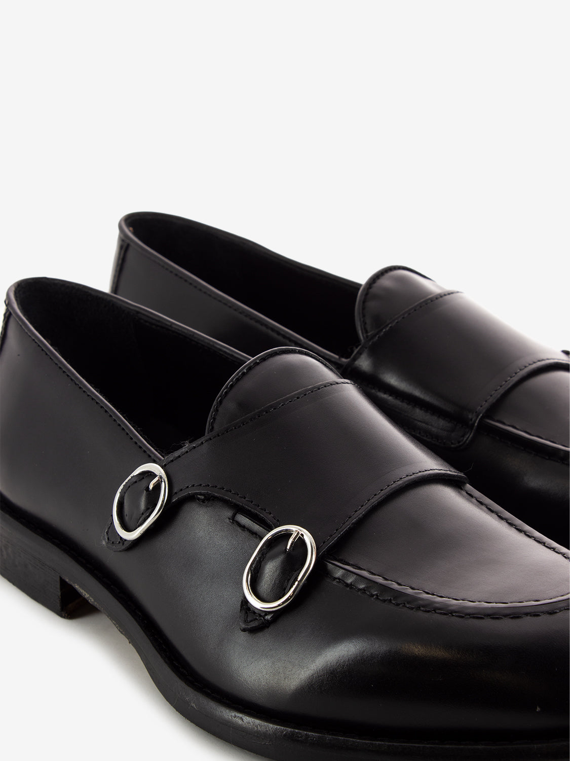 Black Leather Double Buckle Loafers