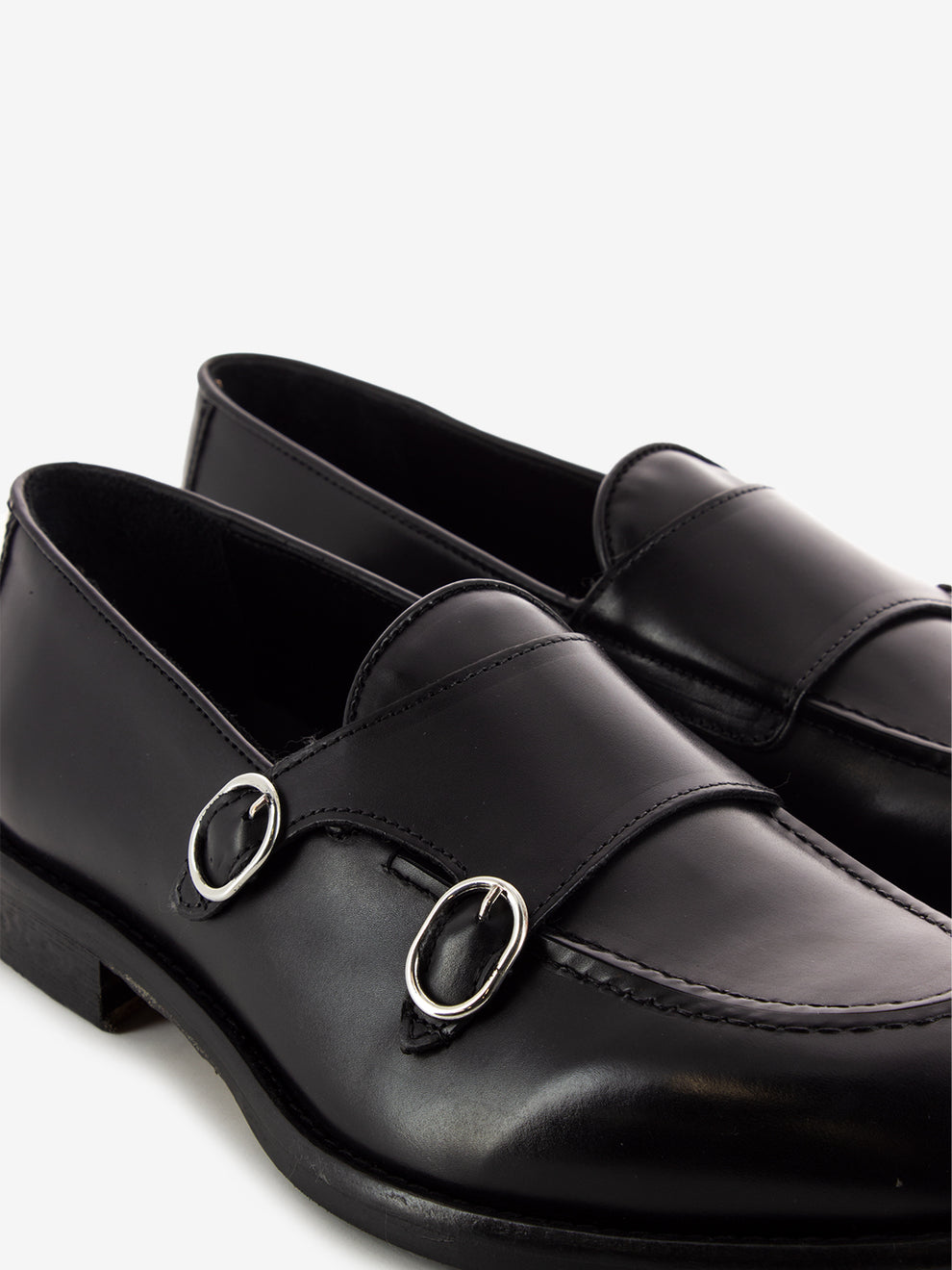 Black Leather Double Buckle Loafers