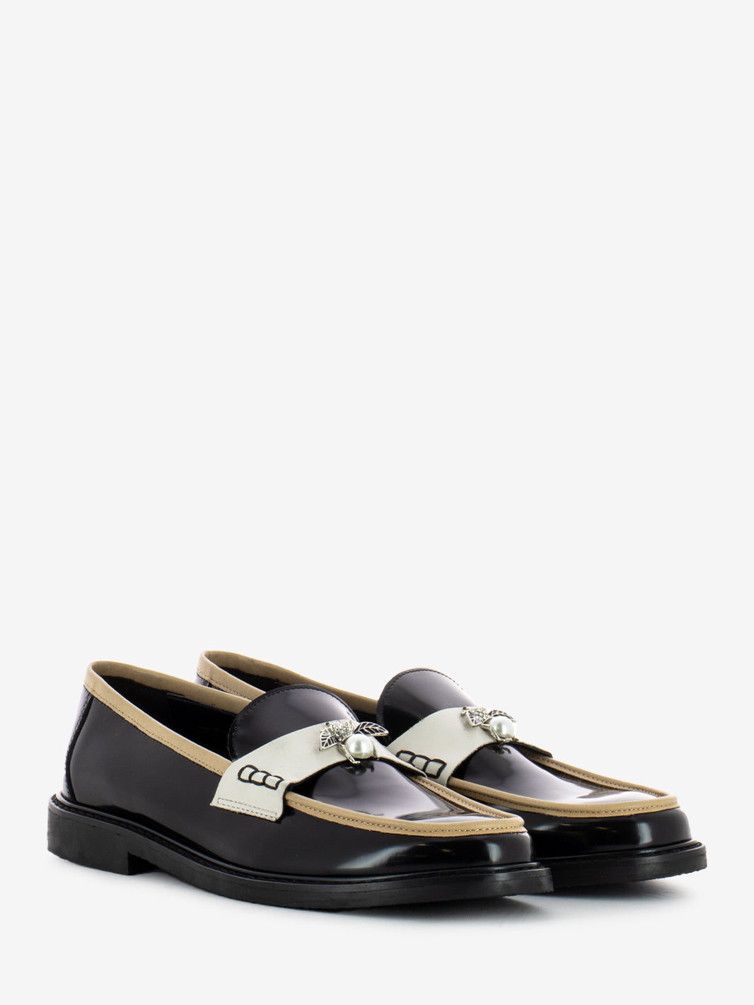 Black / Beige / Cream Bee Leather Loafers