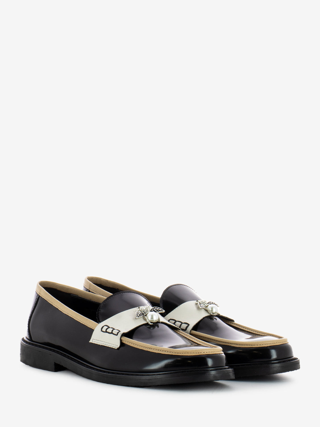 Black / Beige / Cream Bee Leather Loafers