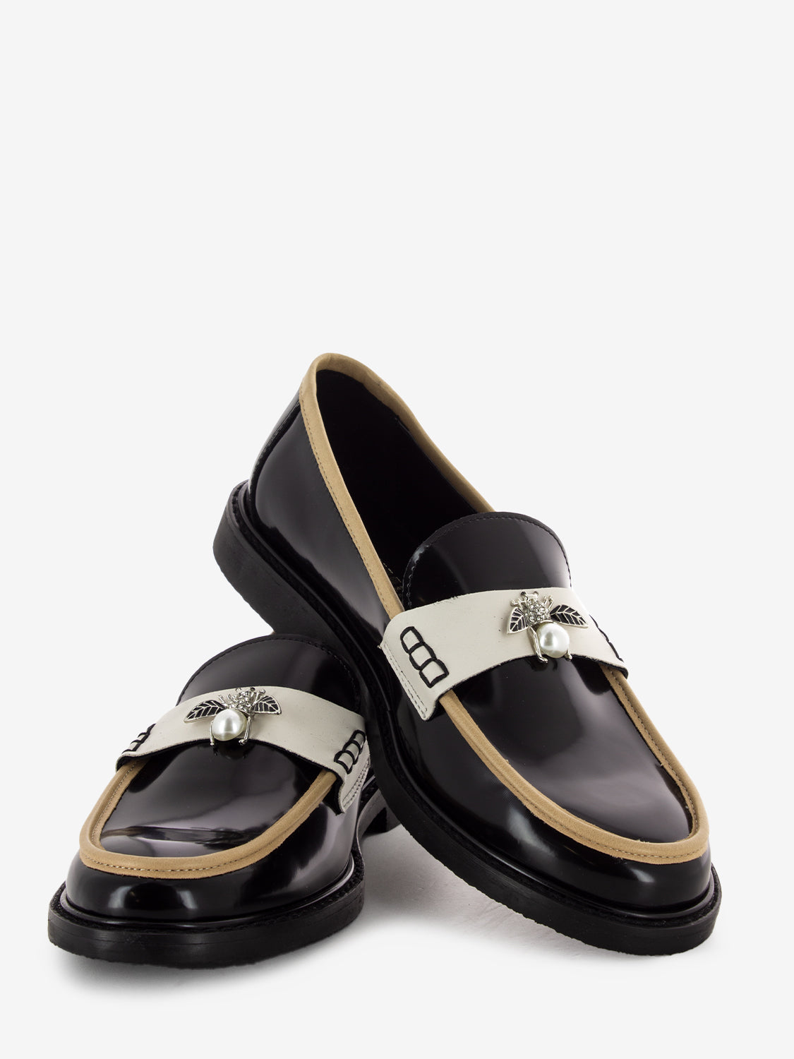Black / Beige / Cream Bee Leather Loafers