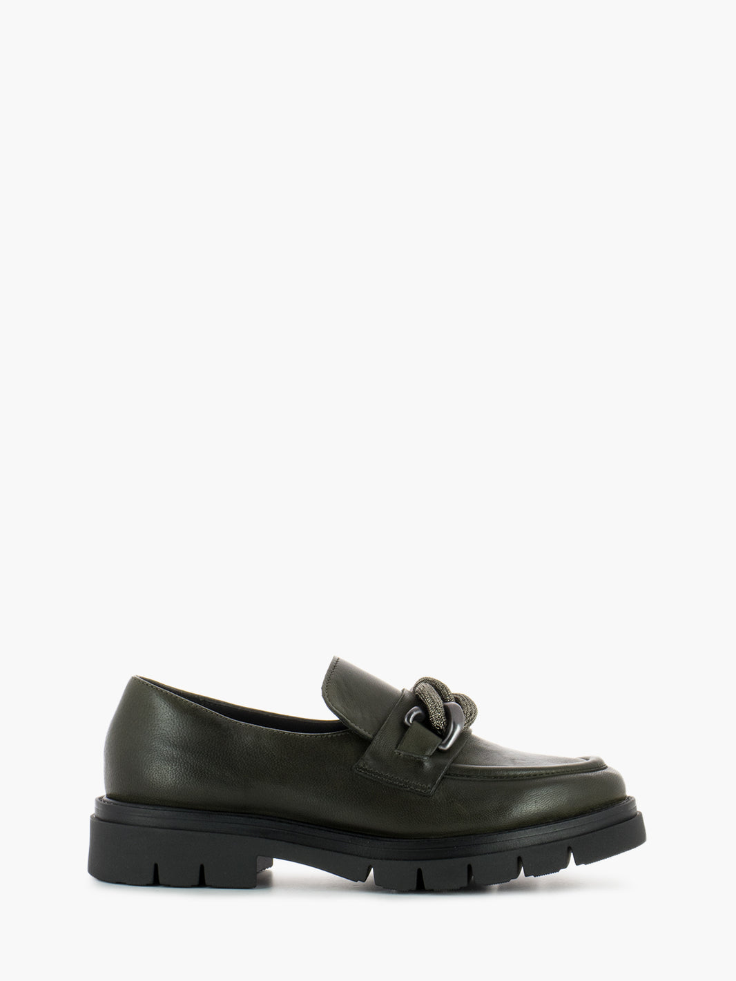 Leather moccasins with green clamp